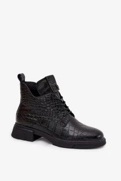 New Buty damskie Vinceza Skórzane Botki Z Ozdobnym Tłoczeniem Ocieplane Vinceza 66815 Czarne