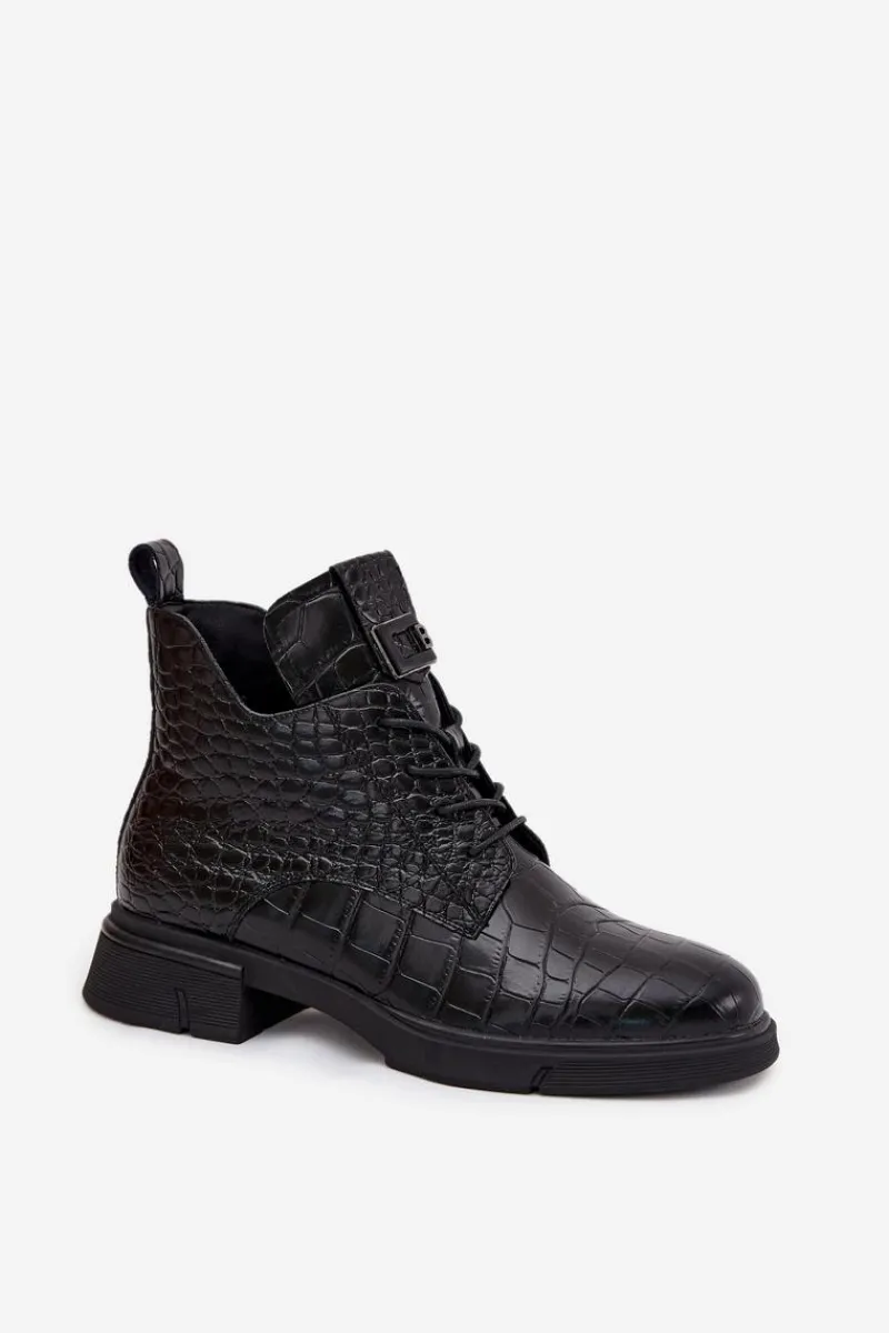 New Buty damskie Vinceza Skórzane Botki Z Ozdobnym Tłoczeniem Ocieplane Vinceza 66815 Czarne