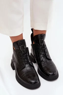 New Buty damskie Vinceza Skórzane Botki Z Ozdobnym Tłoczeniem Ocieplane Vinceza 66815 Czarne