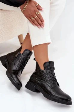 New Buty damskie Vinceza Skórzane Botki Z Ozdobnym Tłoczeniem Ocieplane Vinceza 66815 Czarne