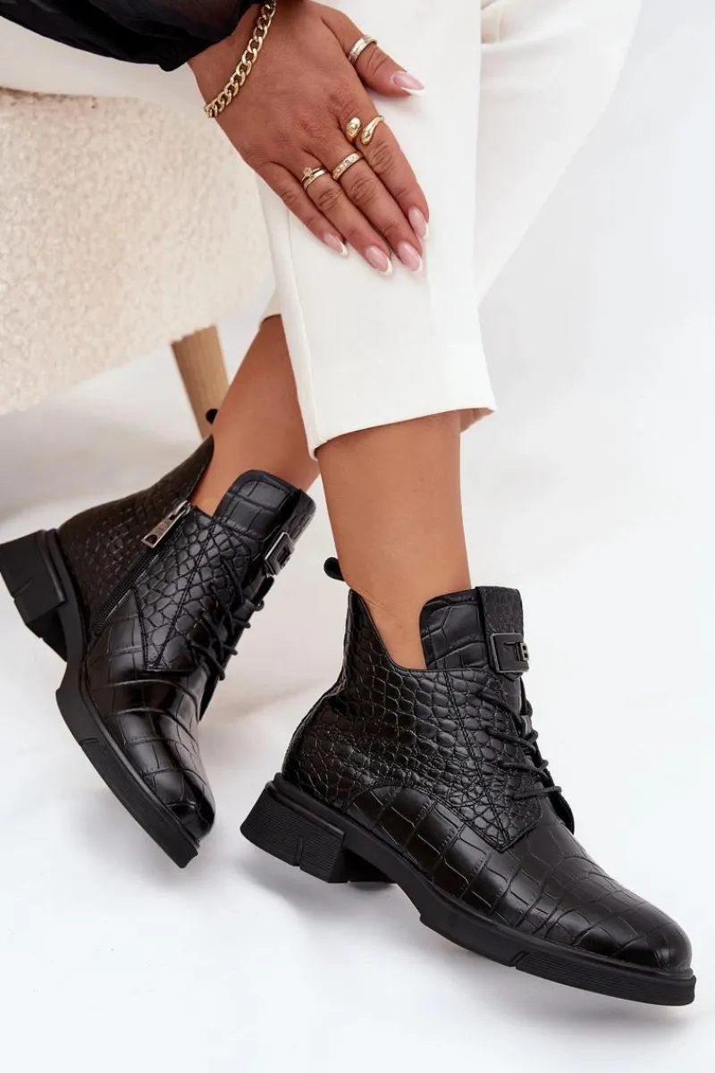 New Buty damskie Vinceza Skórzane Botki Z Ozdobnym Tłoczeniem Ocieplane Vinceza 66815 Czarne