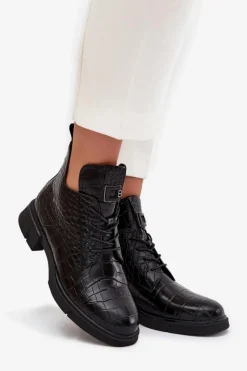 New Buty damskie Vinceza Skórzane Botki Z Ozdobnym Tłoczeniem Ocieplane Vinceza 66815 Czarne