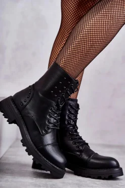 Skórzane Botki Z Ćwiekami Czarne Palmira Damskie Botki Sznurowane|Czarne Botki