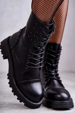 Skórzane Botki Z Ćwiekami Czarne Palmira Damskie Botki Sznurowane|Czarne Botki