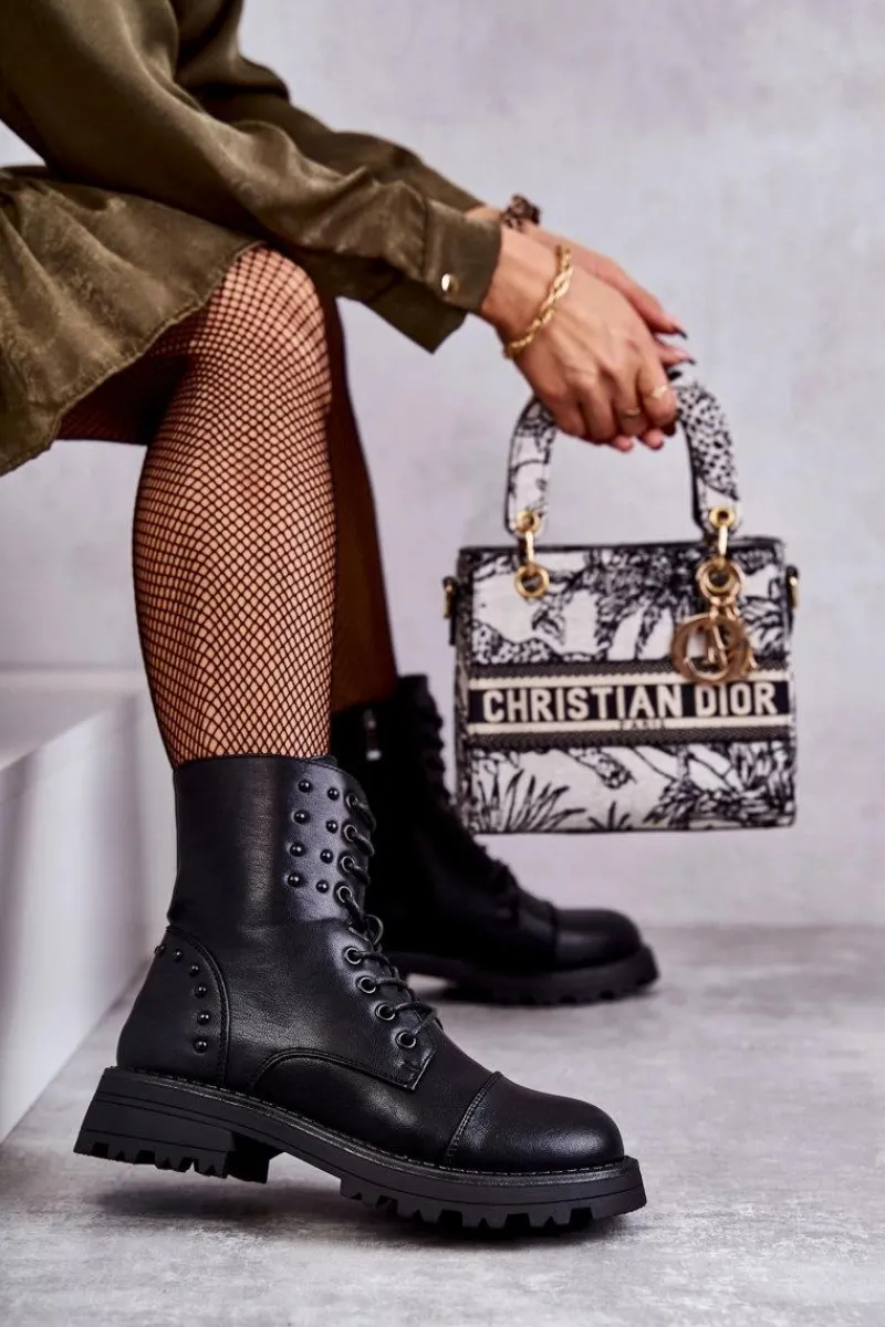 Skórzane Botki Z Ćwiekami Czarne Palmira Damskie Botki Sznurowane|Czarne Botki