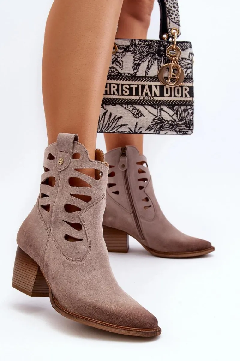 New Maciejka Skórzane Botki Z Wycięciami 06412-04 Beżowe Beżowy