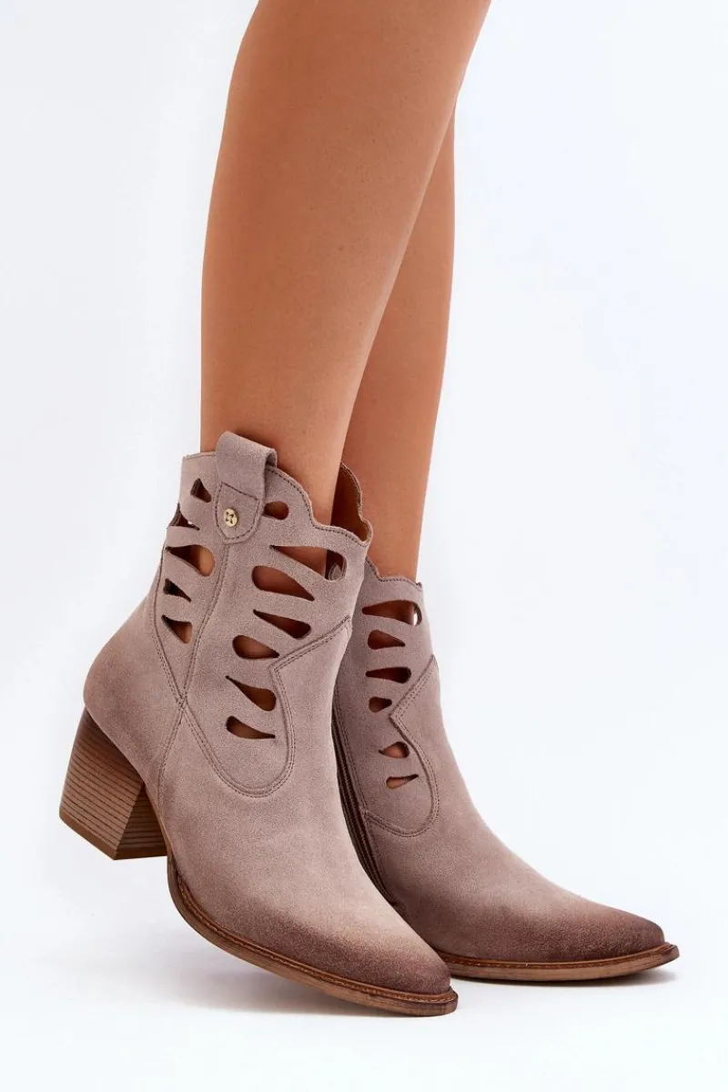 New Maciejka Skórzane Botki Z Wycięciami 06412-04 Beżowe Beżowy