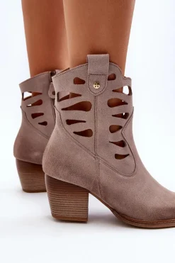 New Maciejka Skórzane Botki Z Wycięciami 06412-04 Beżowe Beżowy