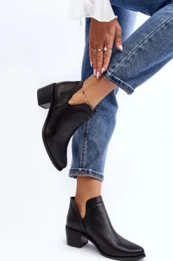 Outlet Boto Skórzane Botki Z Wycięciami Na Obcasie Czarne Dalros