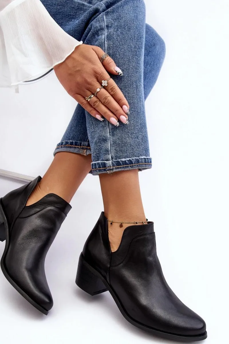 Outlet Boto Skórzane Botki Z Wycięciami Na Obcasie Czarne Dalros