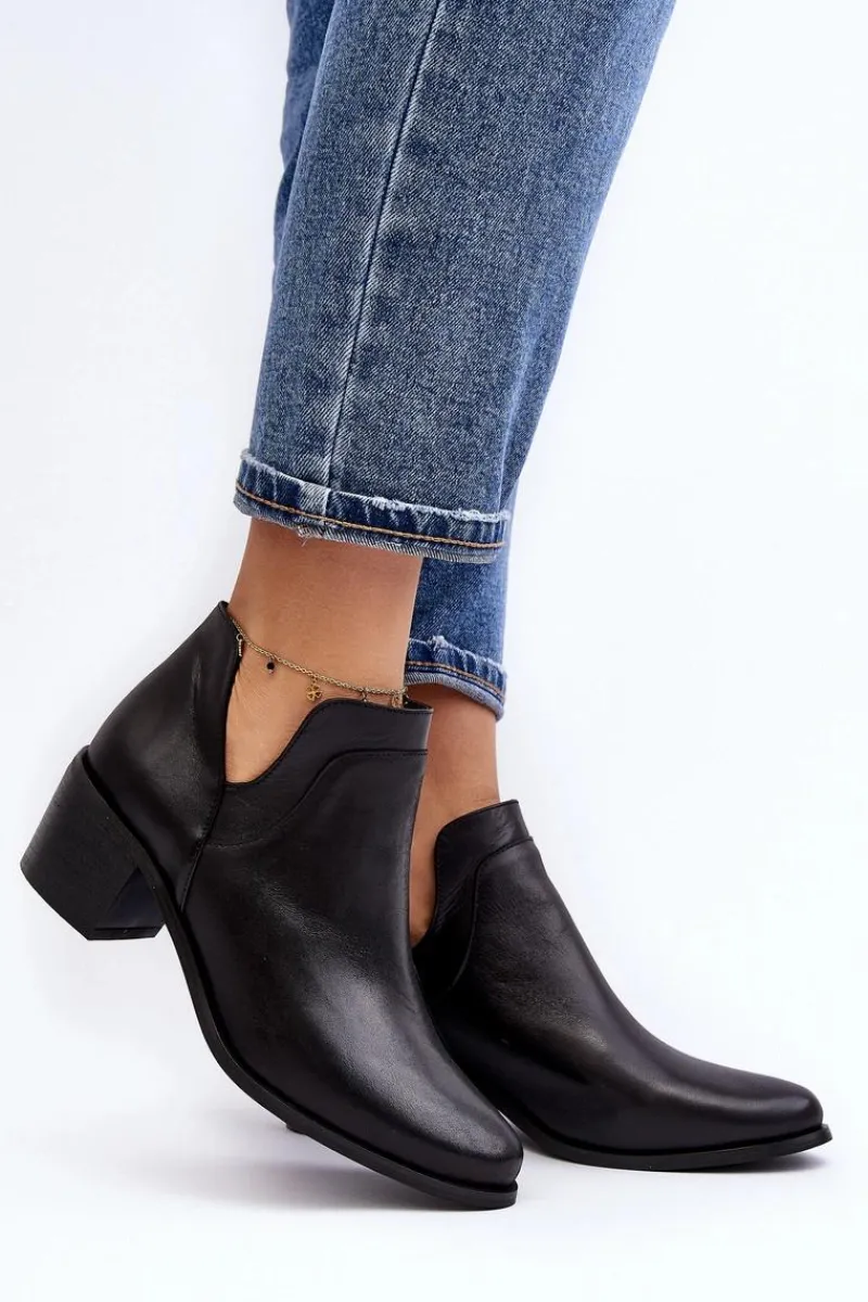 Outlet Boto Skórzane Botki Z Wycięciami Na Obcasie Czarne Dalros