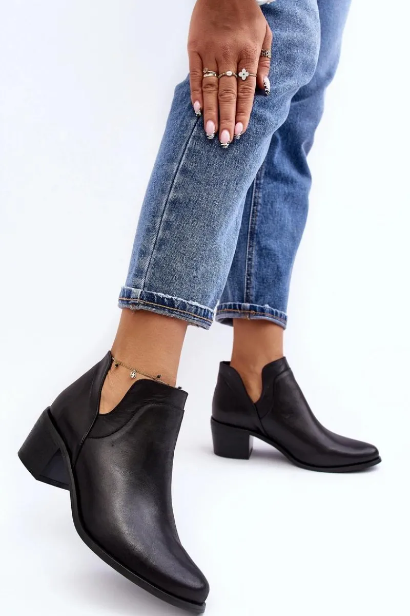 Outlet Boto Skórzane Botki Z Wycięciami Na Obcasie Czarne Dalros