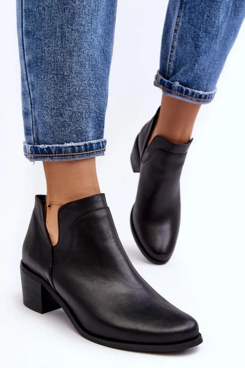 Outlet Boto Skórzane Botki Z Wycięciami Na Obcasie Czarne Dalros