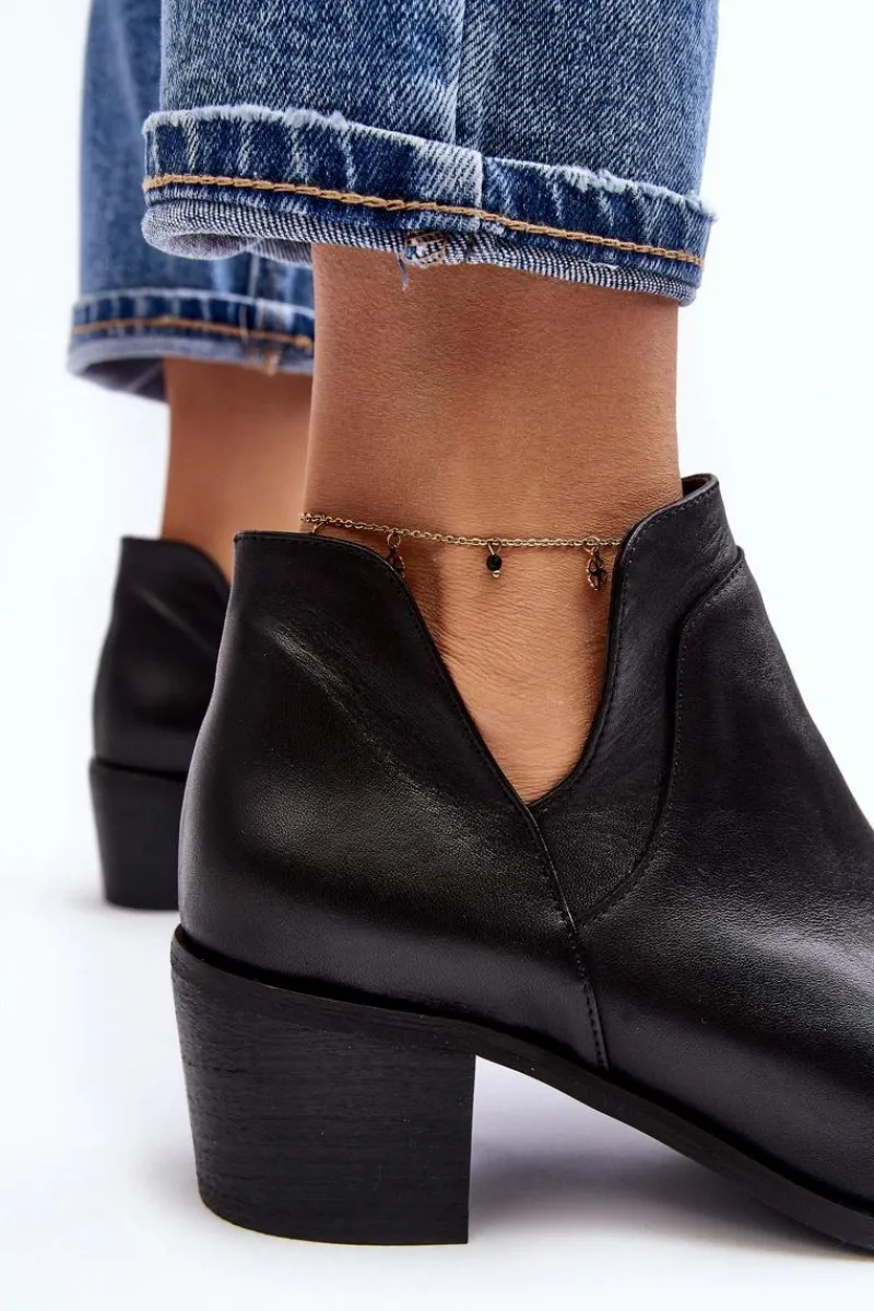 Outlet Boto Skórzane Botki Z Wycięciami Na Obcasie Czarne Dalros