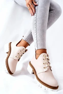 Hot Skórzane Botki Z Wycięciem Wiązane Beżowe Kaxo Damskie Brązowe I Beżowe Botki|Botki Płaskie