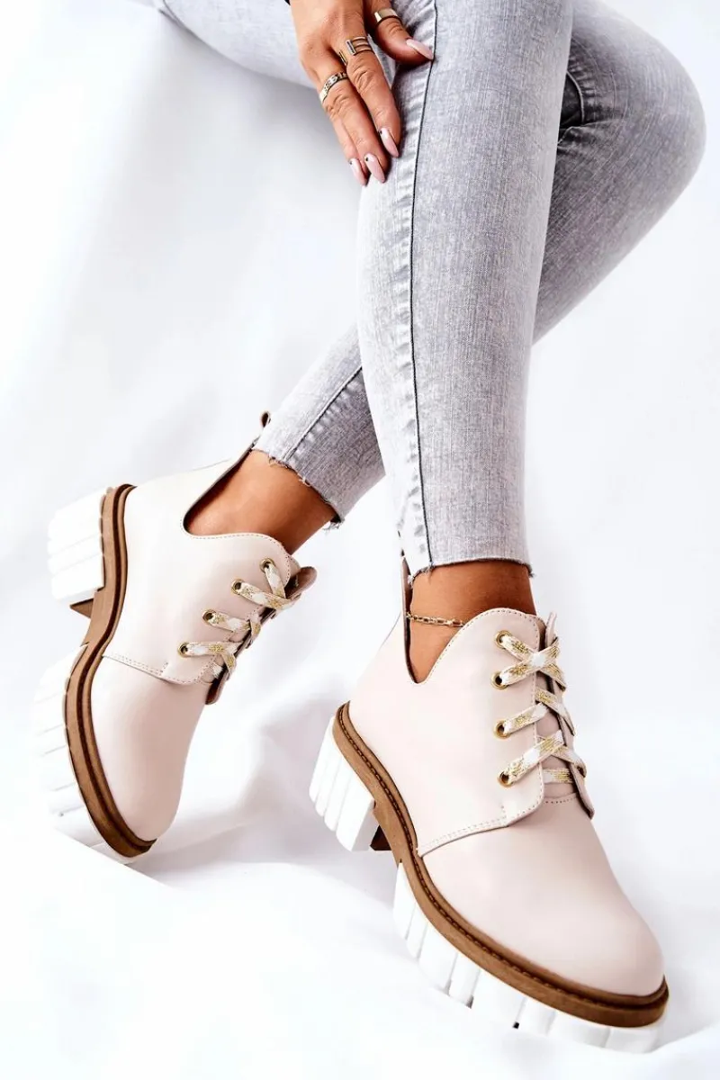 Hot Skórzane Botki Z Wycięciem Wiązane Beżowe Kaxo Damskie Brązowe I Beżowe Botki|Botki Płaskie