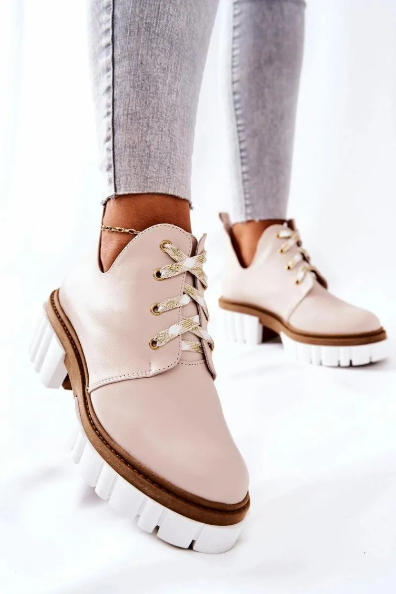 Hot Skórzane Botki Z Wycięciem Wiązane Beżowe Kaxo Damskie Brązowe I Beżowe Botki|Botki Płaskie