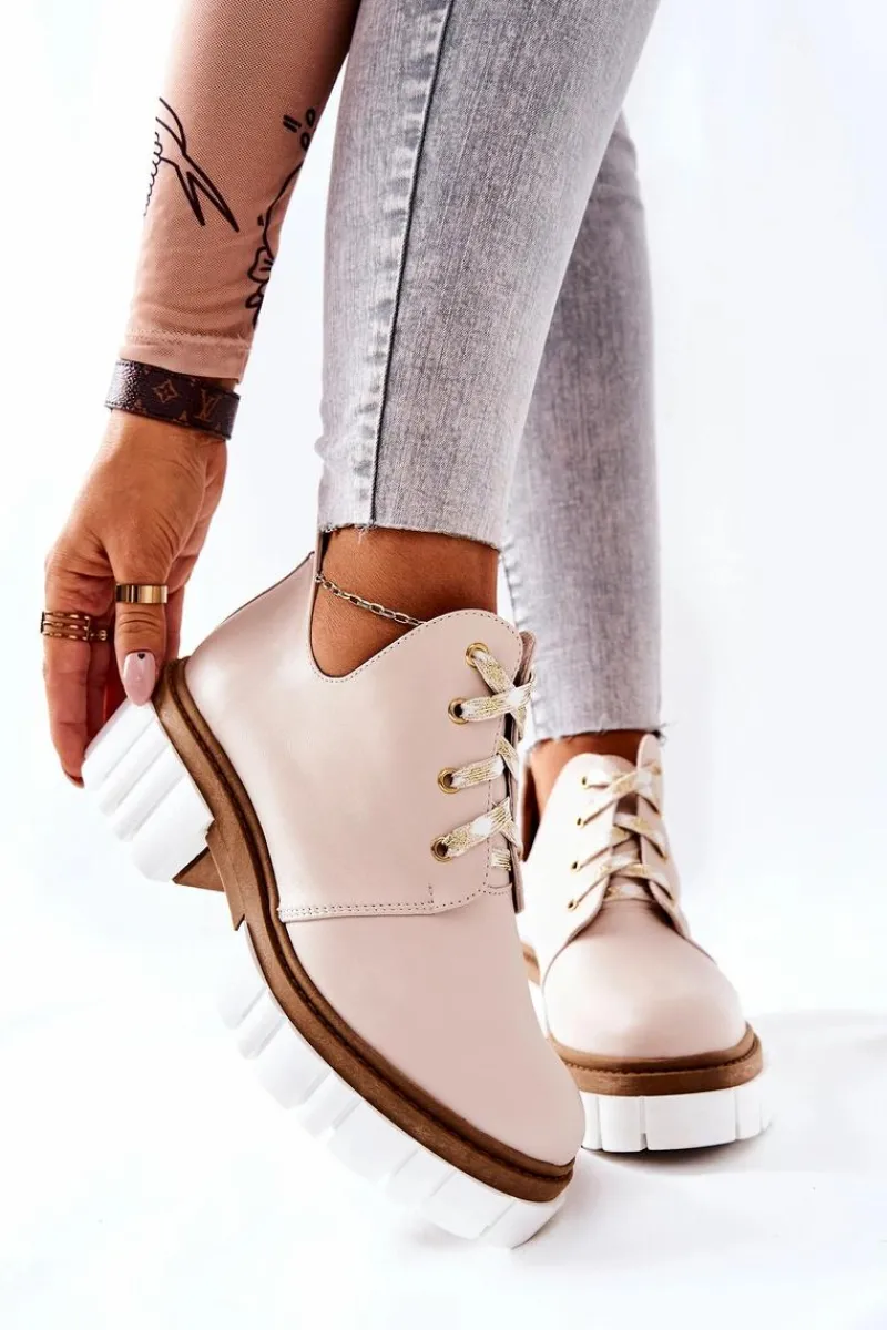 Hot Skórzane Botki Z Wycięciem Wiązane Beżowe Kaxo Damskie Brązowe I Beżowe Botki|Botki Płaskie