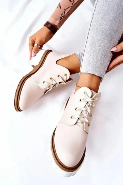 Hot Skórzane Botki Z Wycięciem Wiązane Beżowe Kaxo Damskie Brązowe I Beżowe Botki|Botki Płaskie