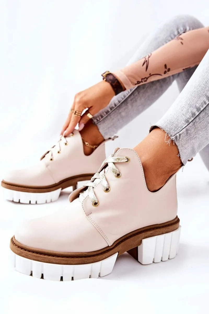 Hot Skórzane Botki Z Wycięciem Wiązane Beżowe Kaxo Damskie Brązowe I Beżowe Botki|Botki Płaskie