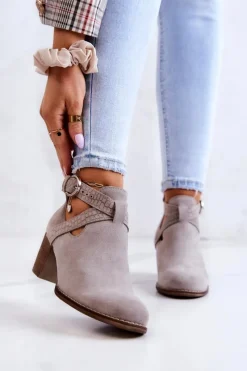 Boto Skórzane Botki Z Wycięciem Na Słupku Szare Axelle