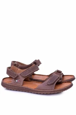 Hot Skórzane Brązowe Męskie Sandały Rzepy Hilfig Męskie Sandały Męskie