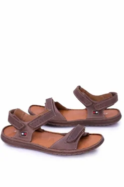 Hot Skórzane Brązowe Męskie Sandały Rzepy Hilfig Męskie Sandały Męskie