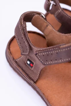 Hot Skórzane Brązowe Męskie Sandały Rzepy Hilfig Męskie Sandały Męskie