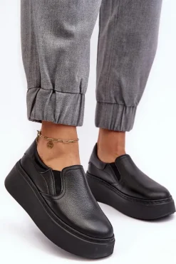 Sneakersy Damskie>Boto Skórzane Buty Sportowe Damskie na Platformie Czarne Lemar Manish