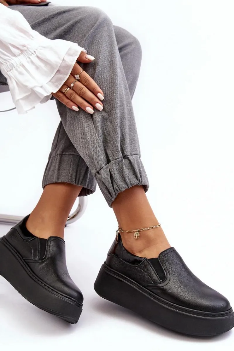 Sneakersy Damskie>Boto Skórzane Buty Sportowe Damskie na Platformie Czarne Lemar Manish