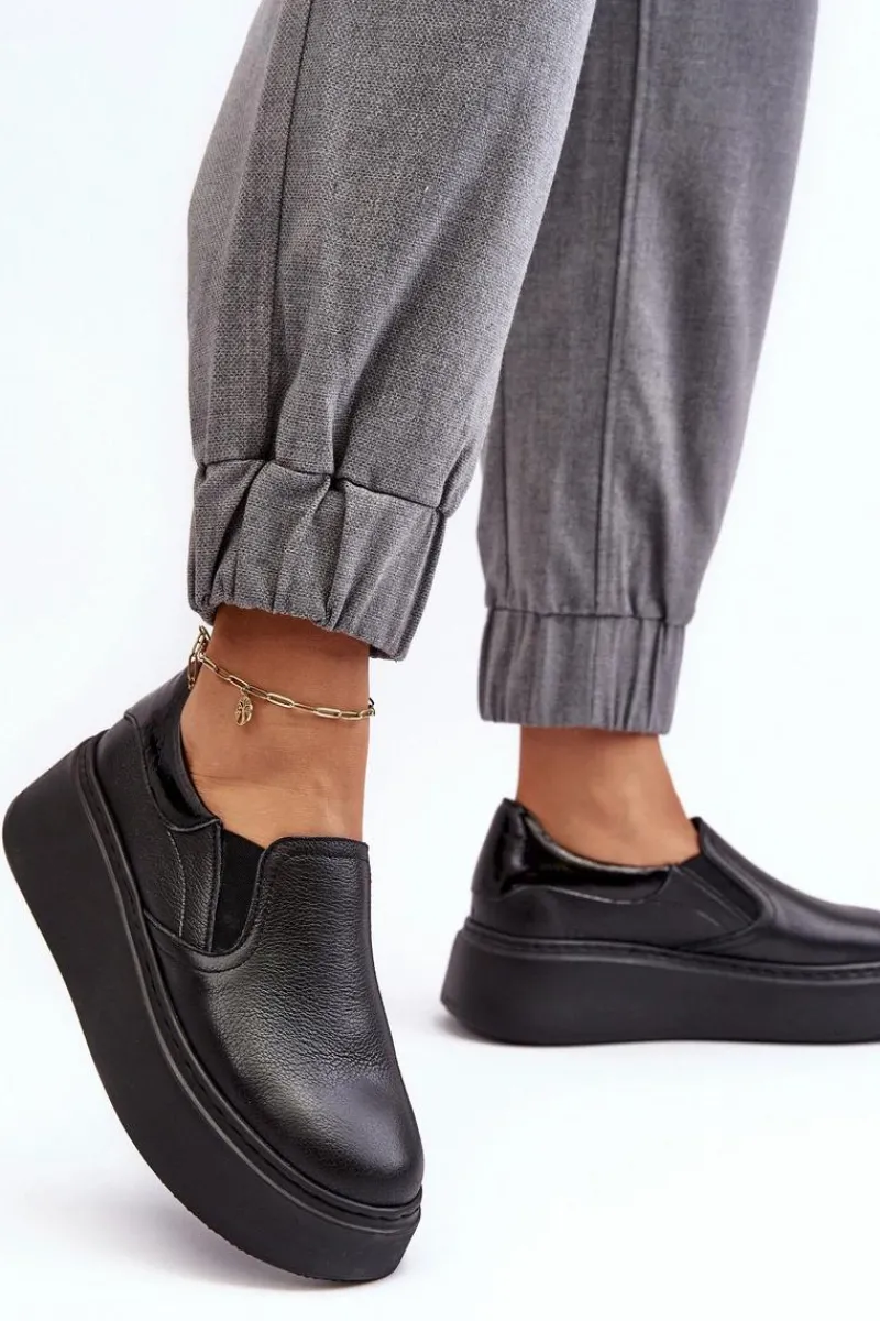 Sneakersy Damskie>Boto Skórzane Buty Sportowe Damskie na Platformie Czarne Lemar Manish