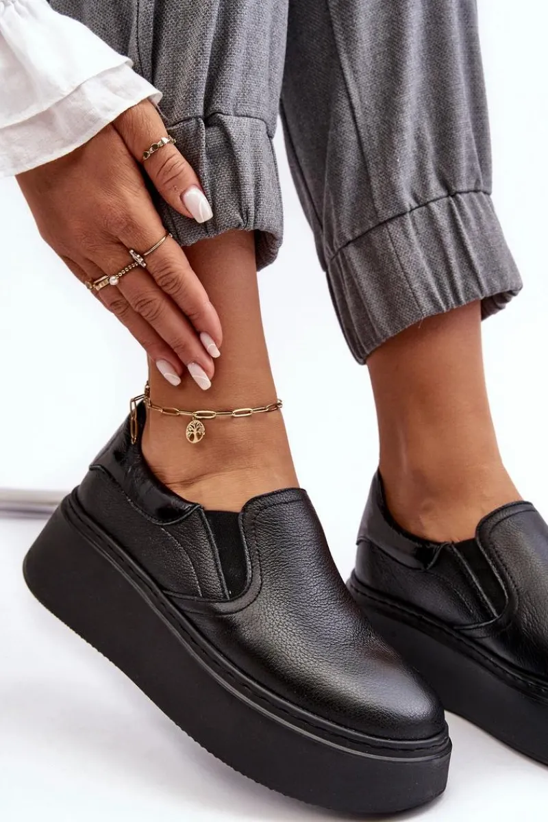 Sneakersy Damskie>Boto Skórzane Buty Sportowe Damskie na Platformie Czarne Lemar Manish