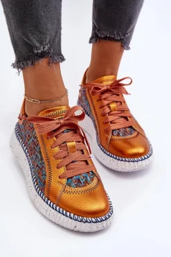 Outlet Skórzane Buty Sportowe Damskie 06327-18 Pomarańczowe Damskie Buty Sportowe Na Platformie