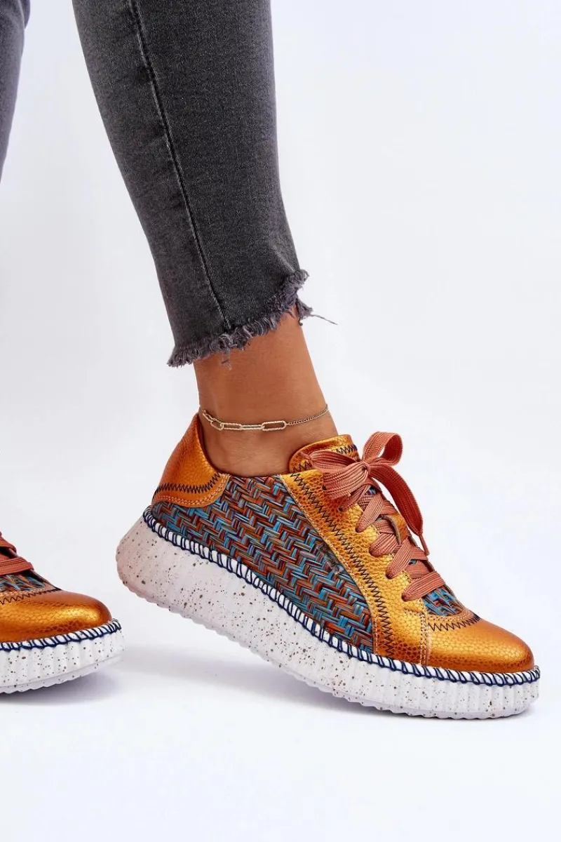 Outlet Skórzane Buty Sportowe Damskie 06327-18 Pomarańczowe Damskie Buty Sportowe Na Platformie