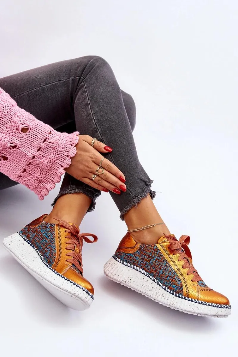 Outlet Skórzane Buty Sportowe Damskie 06327-18 Pomarańczowe Damskie Buty Sportowe Na Platformie