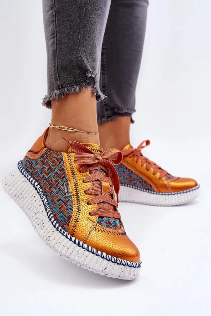 Outlet Skórzane Buty Sportowe Damskie 06327-18 Pomarańczowe Damskie Buty Sportowe Na Platformie