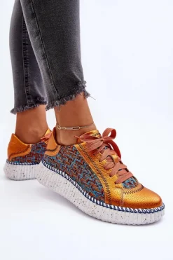 Outlet Skórzane Buty Sportowe Damskie 06327-18 Pomarańczowe Damskie Buty Sportowe Na Platformie