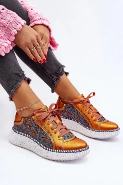 Outlet Skórzane Buty Sportowe Damskie 06327-18 Pomarańczowe Damskie Buty Sportowe Na Platformie