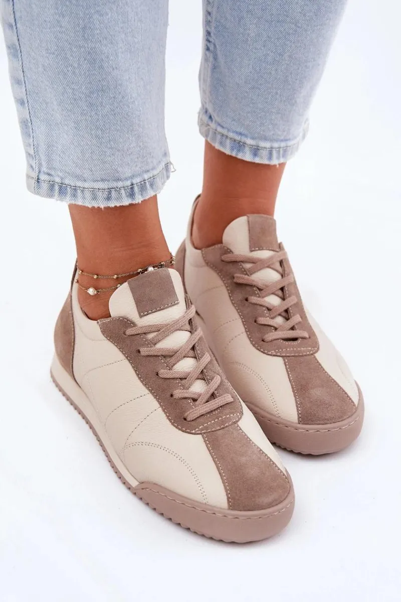 New Laura Messi Skórzane Buty Sportowe Damskie 2935 Beżowe