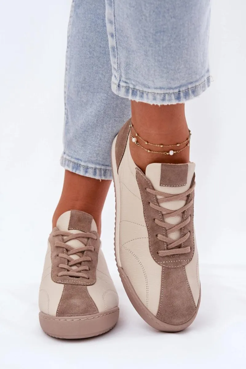 New Laura Messi Skórzane Buty Sportowe Damskie 2935 Beżowe