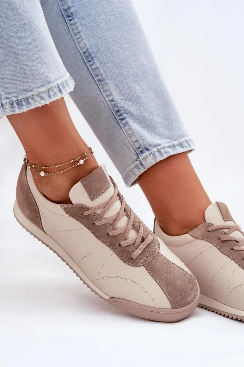 New Laura Messi Skórzane Buty Sportowe Damskie 2935 Beżowe