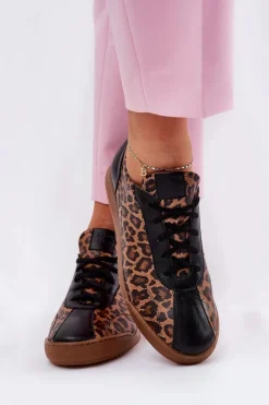 New Skórzane Buty Sportowe Damskie W Panterkę 2935 Brązowe Damskie Sneakersy Damskie