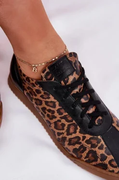 New Skórzane Buty Sportowe Damskie W Panterkę 2935 Brązowe Damskie Sneakersy Damskie