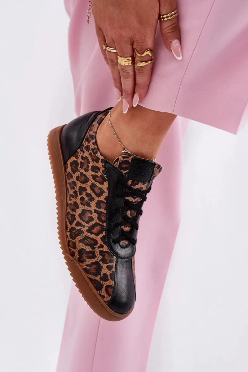 New Skórzane Buty Sportowe Damskie W Panterkę 2935 Brązowe Damskie Sneakersy Damskie