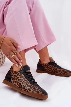 New Skórzane Buty Sportowe Damskie W Panterkę 2935 Brązowe Damskie Sneakersy Damskie