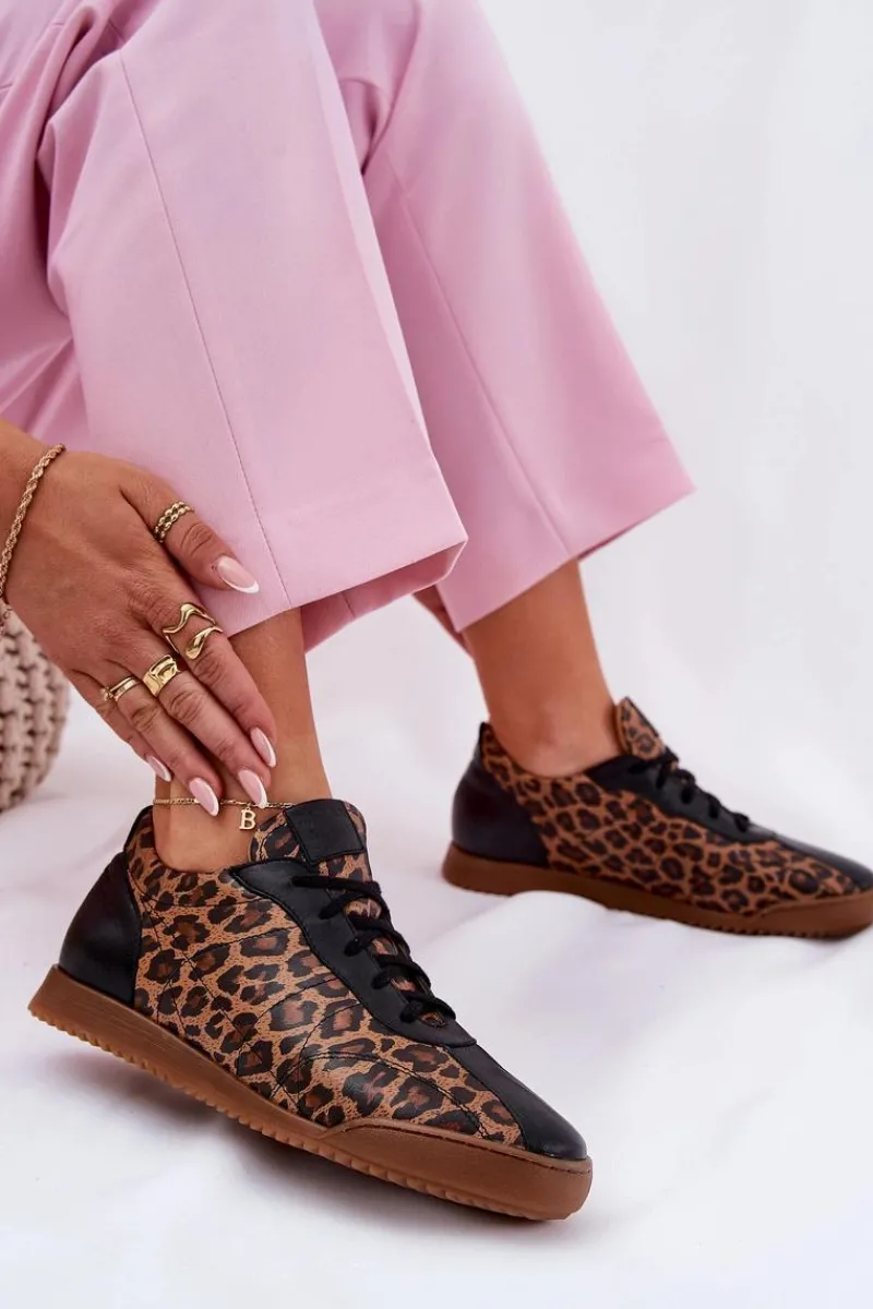 New Skórzane Buty Sportowe Damskie W Panterkę 2935 Brązowe Damskie Sneakersy Damskie