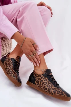 New Skórzane Buty Sportowe Damskie W Panterkę 2935 Brązowe Damskie Sneakersy Damskie