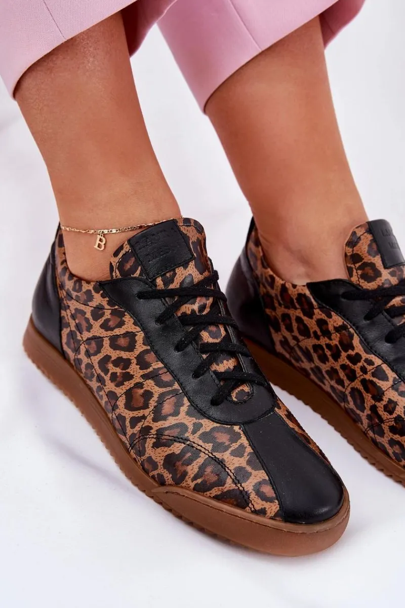 New Skórzane Buty Sportowe Damskie W Panterkę 2935 Brązowe Damskie Sneakersy Damskie