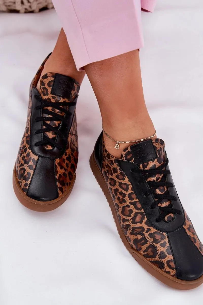 New Skórzane Buty Sportowe Damskie W Panterkę 2935 Brązowe Damskie Sneakersy Damskie