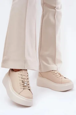 Buty damskie Vinceza Skórzane Buty Sportowe Damskie Na Platformie Z Przypinką Vinceza 39922 Beżowe Beżowy